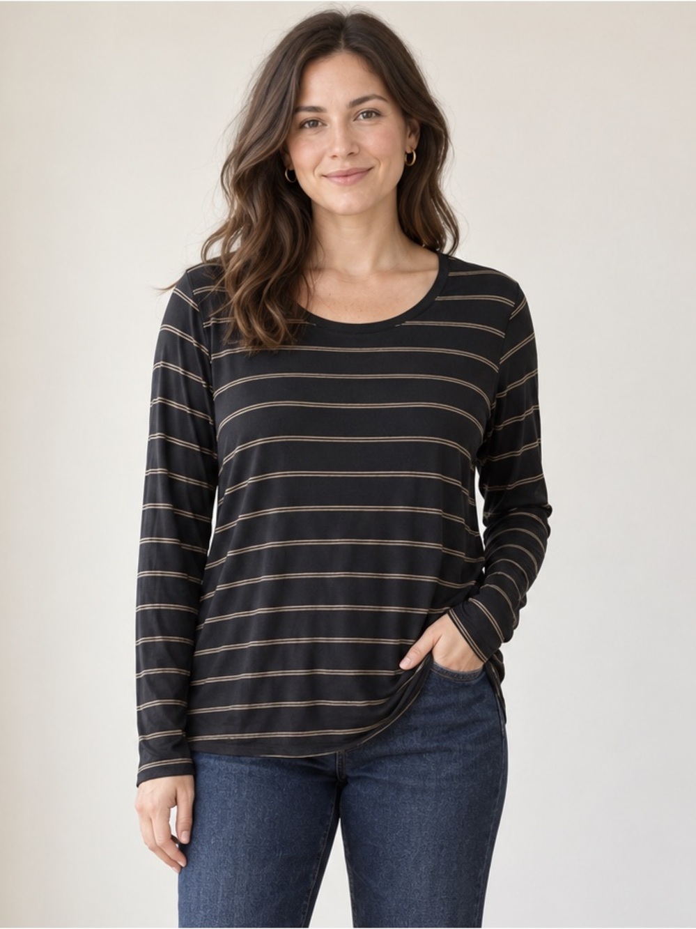 Vince Black Taupe Striped Viscose Long Sleeve Top Size L Minimalist Lightweight